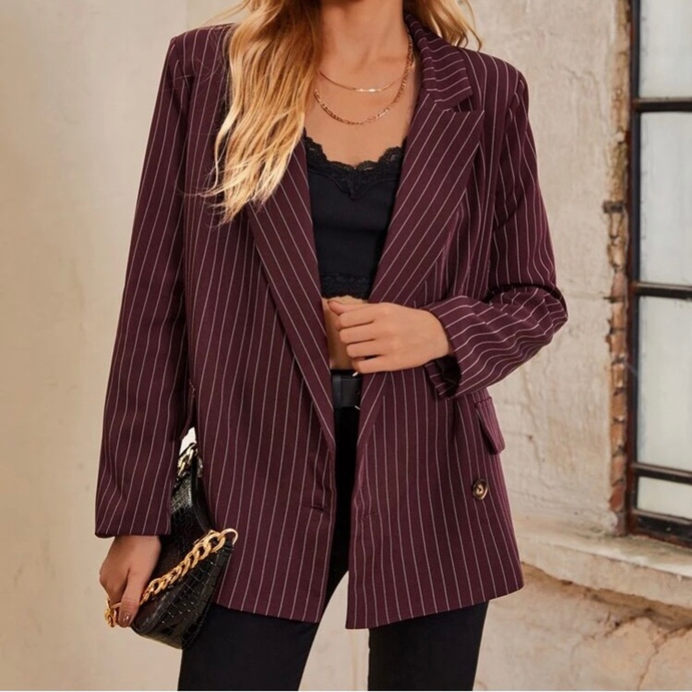 Burgundy Pinstripe Double Button Blazer